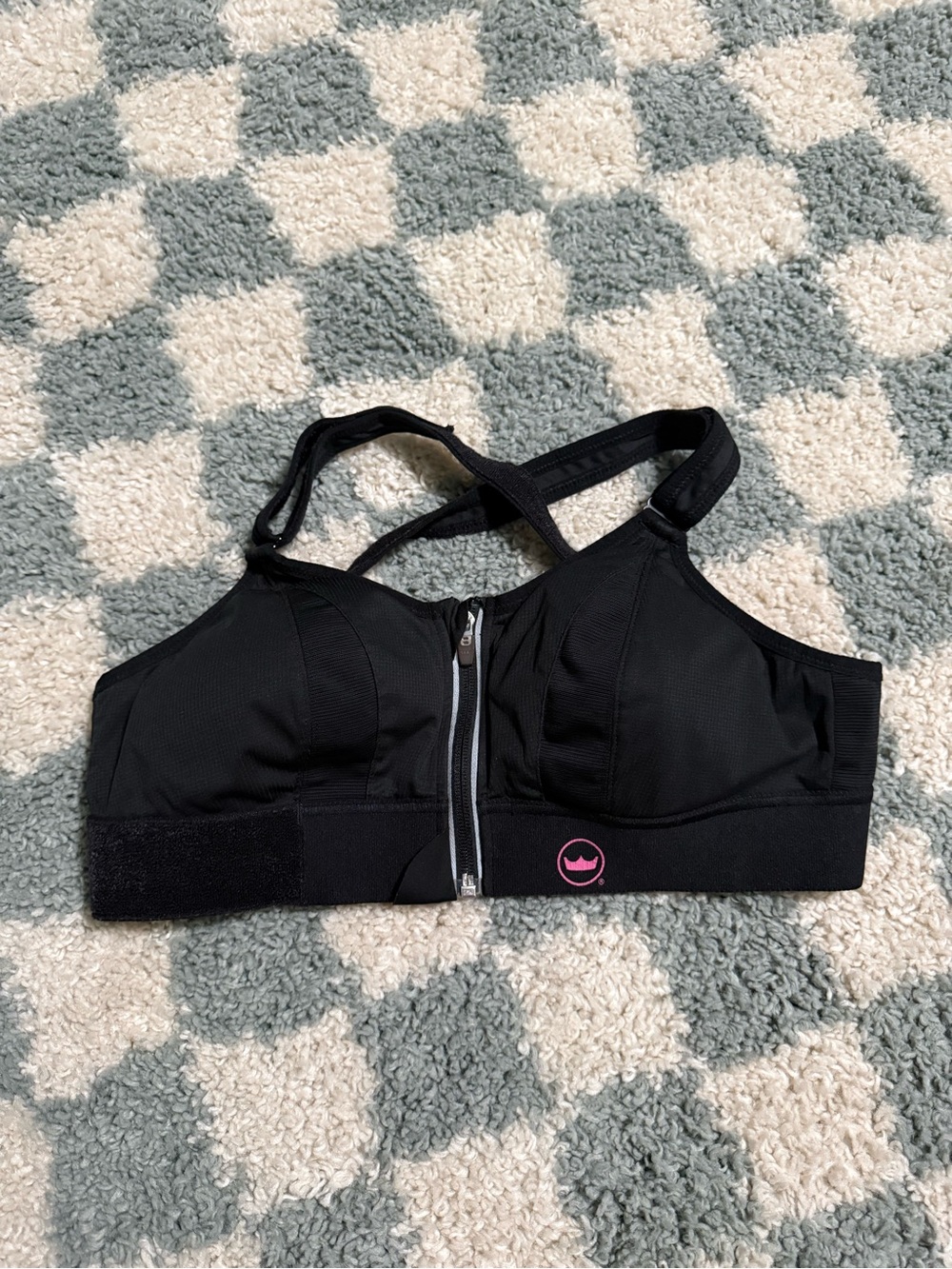 SHEFIT Black Front-Zip Sports Bra with Crossback Straps and Pink Accents